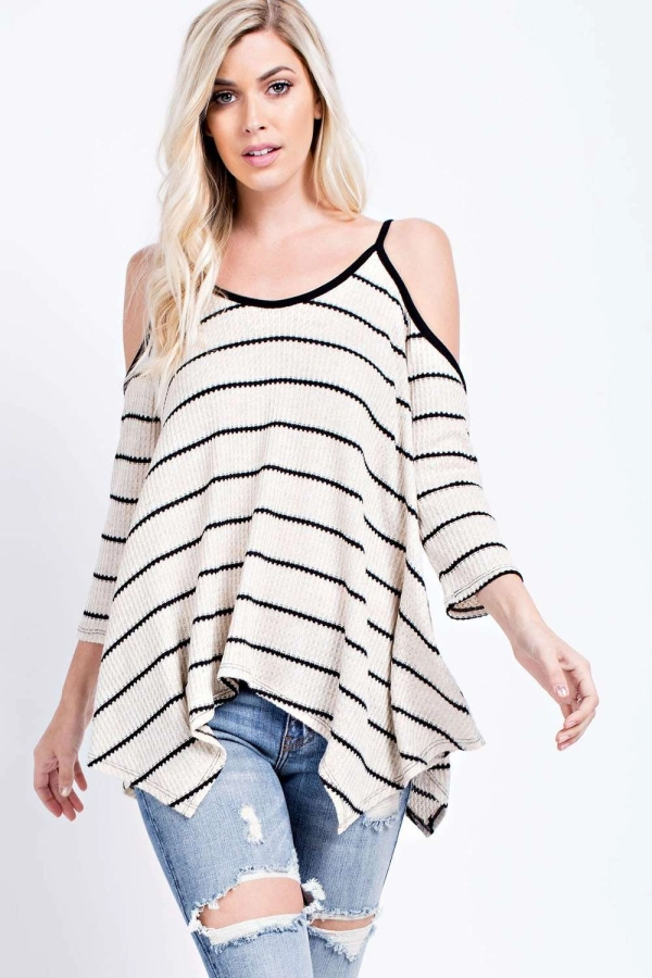 Wholesale TK6559 THERMAL STRIPE SWEATER WITH COLD SHOULDER - 143 Story