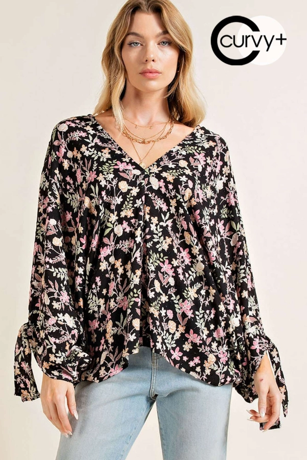 wholesale CTM9214A PLUS SIZE RIBBON SLEEVE TOP - FLORAL 143story