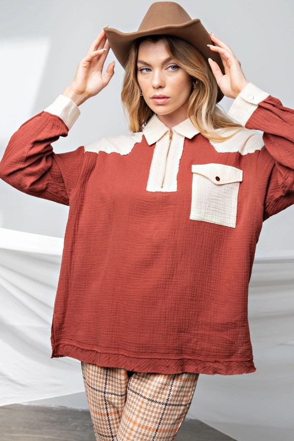 wholesale COTTON GAUZE SOLID COLOR BLOCK COLLARED  TOP 143story