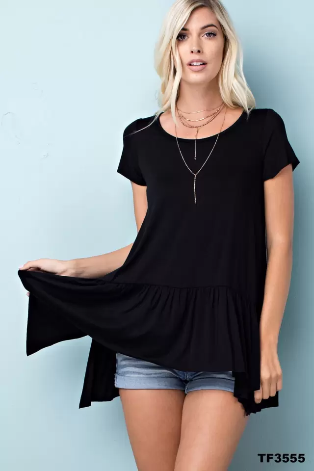 wholesale clothing round neck, short sleeve top with bottom ruffle detail 143Story