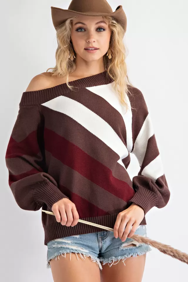 wholesale clothing plus size bold stripe one side open shoulder sweater 143Story