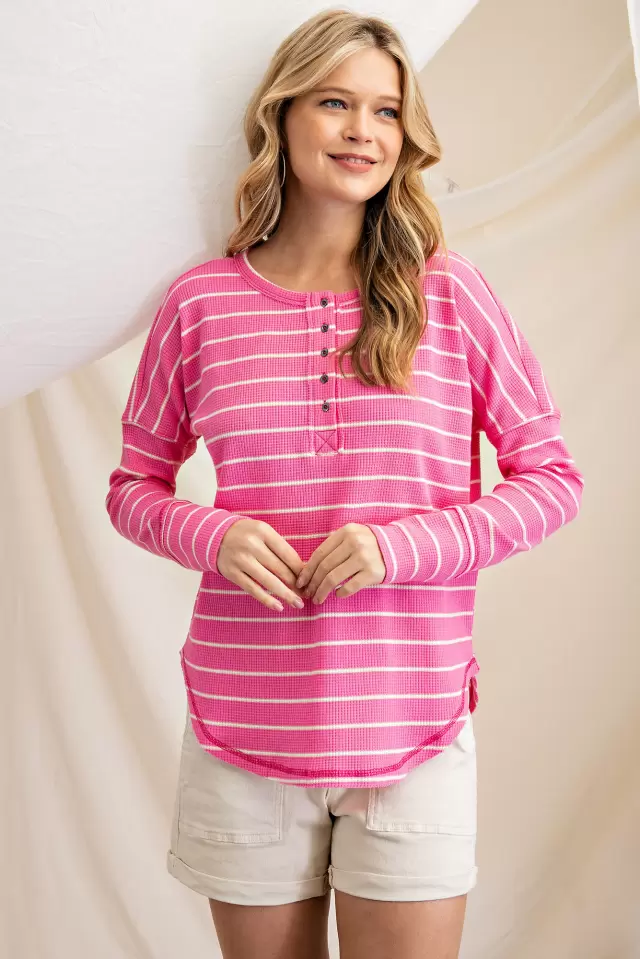 wholesale clothing stitch detail button stripe knit top 143Story