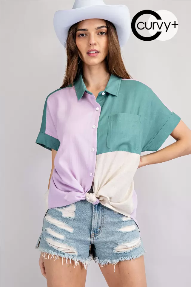 wholesale clothing plus size color block linen textured shirt 143Story