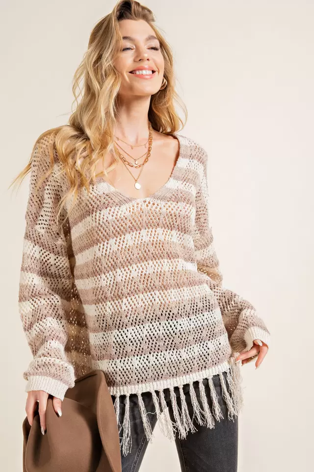 wholesale clothing stripe fringe sweater long sleeve top 143Story
