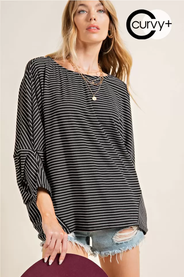 wholesale clothing cty4300b plus size boat neck loose fit top - pin stripe 143Story