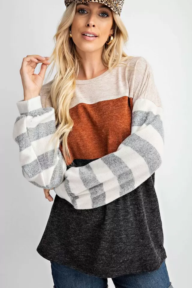 wholesale clothing melange two tone hacci stripe knit top 143Story