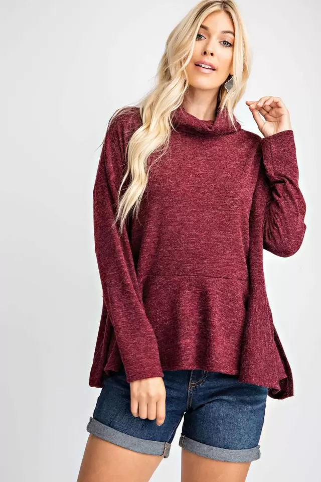 wholesale clothing turtle neck flare hem top with side slits 143Story